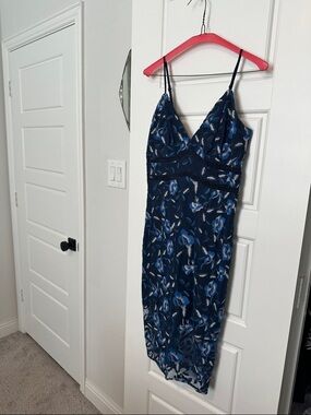 Bardot Navy Floral Midi Dress with Blue Embroidery